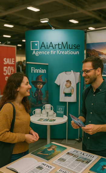 Social Media Agentur Ein Mann und eine Frau sprechen an einem Messestand der Agentur AiArtMuse.