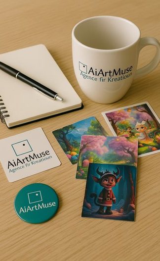 Druck Becher, Notizbuch, Stift und farbige Karten mit A11Motive-Designs auf einem Tisch.