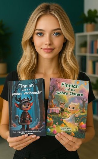 Verlag Junge Frau hält zwei Kinderbücher mit unterschiedlichen bunten Cover-Designs.