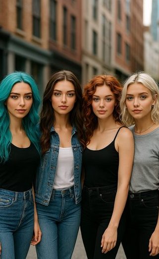 Ai Models Vier junge Frauen stehen lächelnd in einer Stadtstraße, jede mit unterschiedlicher Haarfarbe.